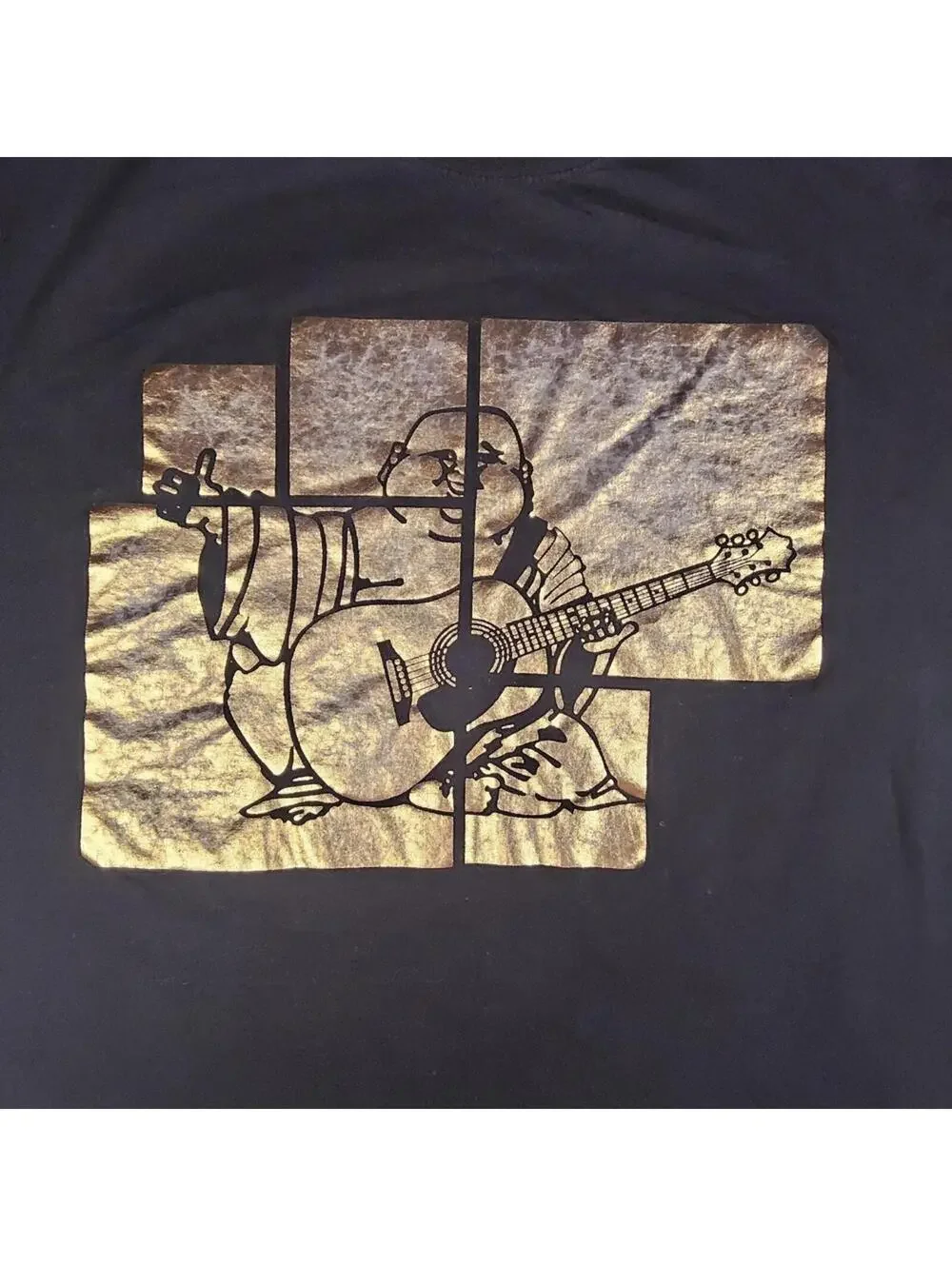 True Religion Mens 2XL Black T-Shirt Gold Foil Buddha Guitar Graphic Tee